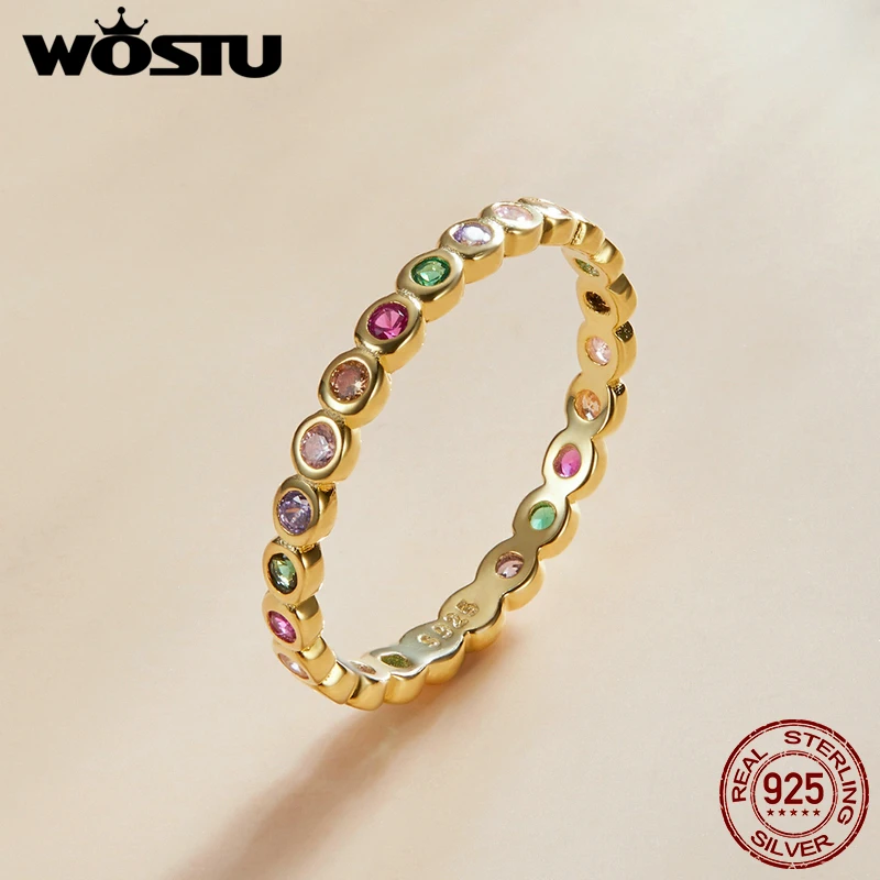 WOSTU Genuine 100% 925 Sterling Silver Glitter Stackable Circle Finger Rings For Women Engagement Wedding Round Fine Jewelry
