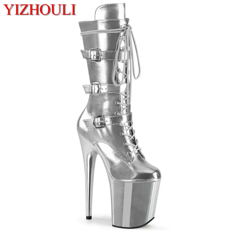 Fashion sexy knight boots, high heels suitable for banquet, silver buckle decorative plating sole 20 cm pole dancing party ankle