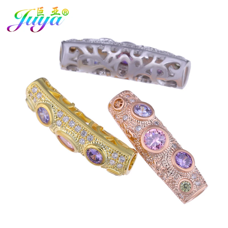 Juya DIY Gold/Rose Gold Micro Pave Zircon Metal Curved Tube Beads For Handmade Natural Stones Pearls Jewelry Making