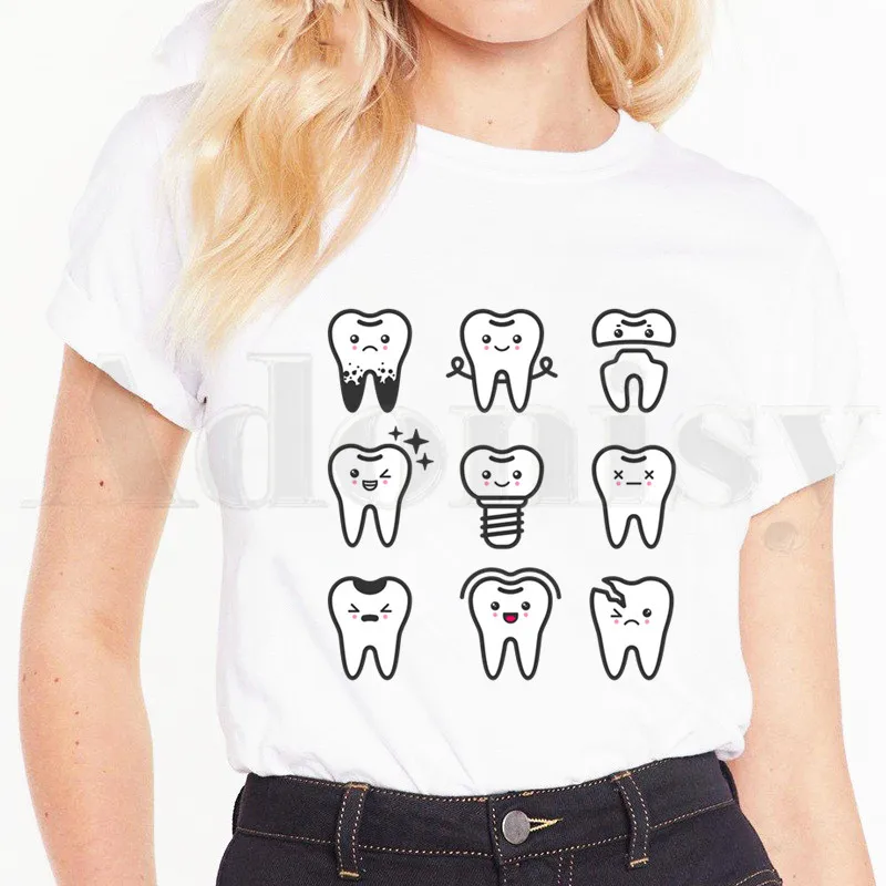 Tooth and Dentist Graphic Funny Women\'s T-shirt Printed Fashion Short Sleeve Female Tops Tees Harajuku  Vintage T Shirts