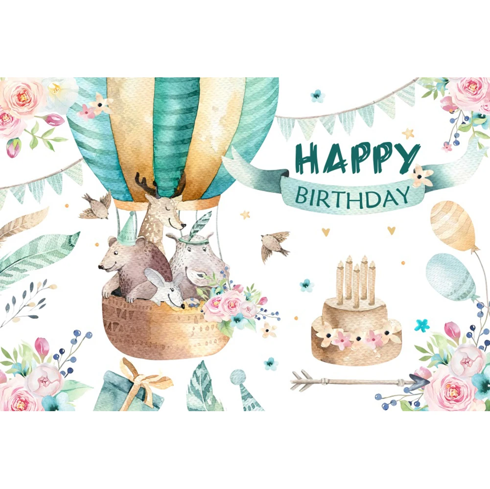 Laeacco-fondo fotográfico personalizado para fiesta de cumpleaños de bebé, telón de fondo de animales con globos de aire caliente, pastel, para estudio fotográfico