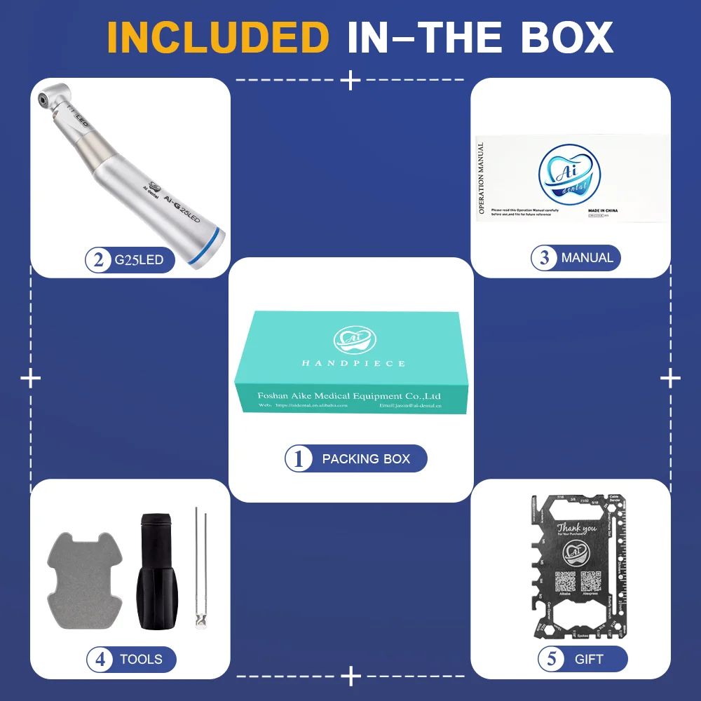 AI-G25LED Contra Angle Handpiece 1:1 Direct Drive Low Speed  With Self-generator LED For CA Burs Single Spray Dental Hand Piece