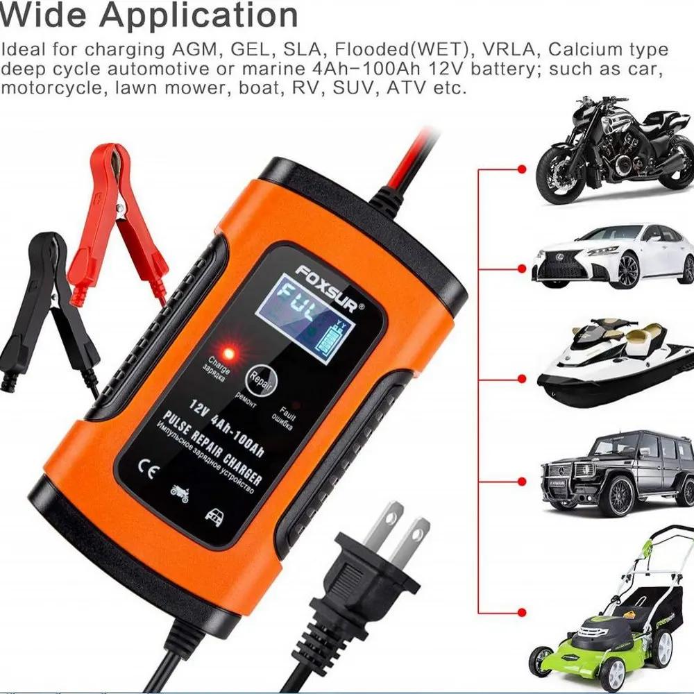 Motorcycle Lead Acid Storage Charger with LCD Display, Car Automatic Battery, Pulse Repair Charger, EFB, AGM, GEL, 12V, 6A