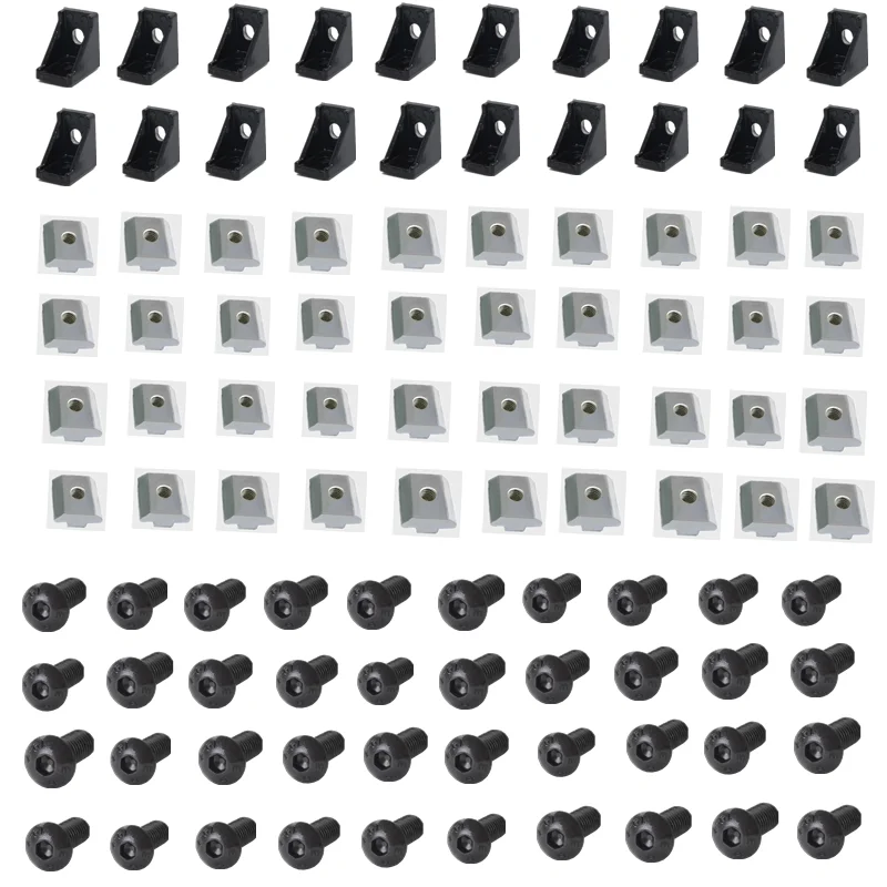 2020 Aluminum Profile Connector Set: 20pcs Black Corner Bracket + 40pc 20-M5 Slide Nuts + 40pcs M5x10mm Hex Socket Cap