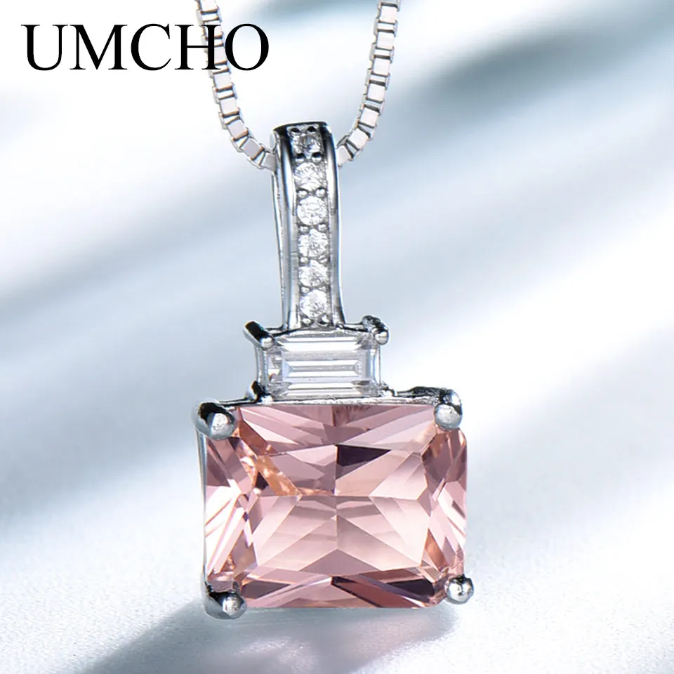 

UMCHO Rectangle Nano Morganite Jewelry 925 Sterling Silver Necklace & Pendants For Ladies Christmas Party Gift Fine Jewelry