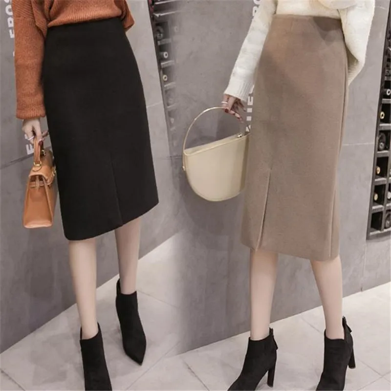 2019 Autumn Winter skirts Sexy Chic Pencil Skirts Women Skirt Wool Rib Knit Long Skirt Package Hip Split Waist midi skirt maxi