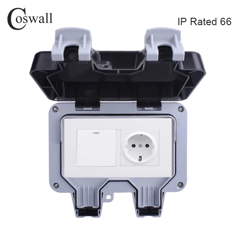 Coswall IP66 Weatherproof Waterproof Outdoor Wall Power Socket 16A EU Standard Outlet With 1 Gang 1 Way On / Off Light Switch