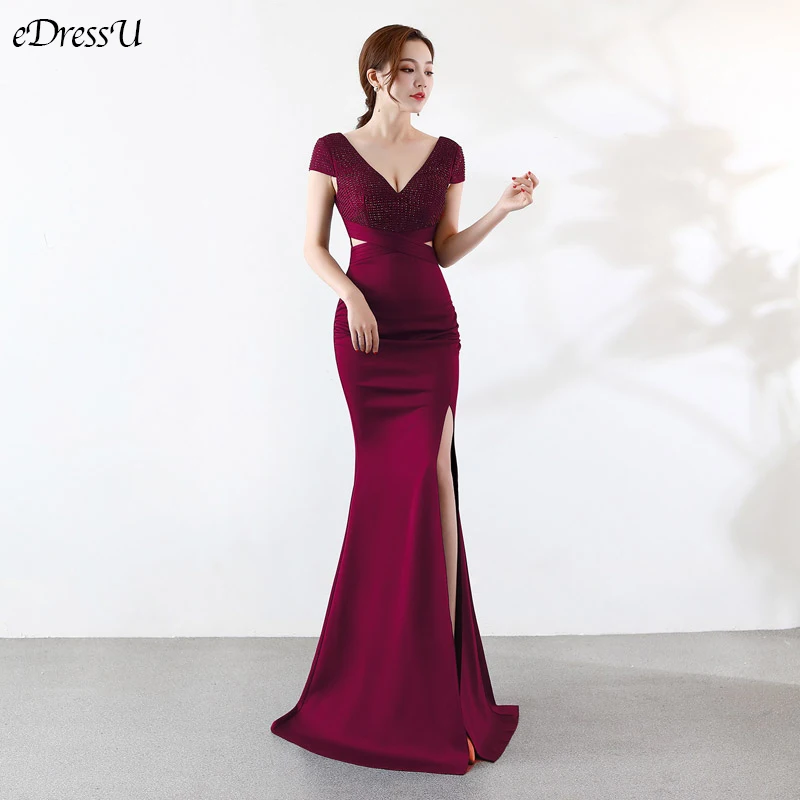 

8 Colors Elegant Beading Dress Sexy Split Evening Party Dress V-Neck Mermaid Vestido de Fiesta Formal Prom Dress YNY-16025