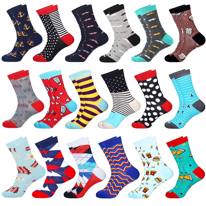 

Cotton Men's Socks Harajuku Hiphop Cool Colorful Funny Diamond Dtriped Beard Dress Fries Pizza Shark Streetwear Sock for Male