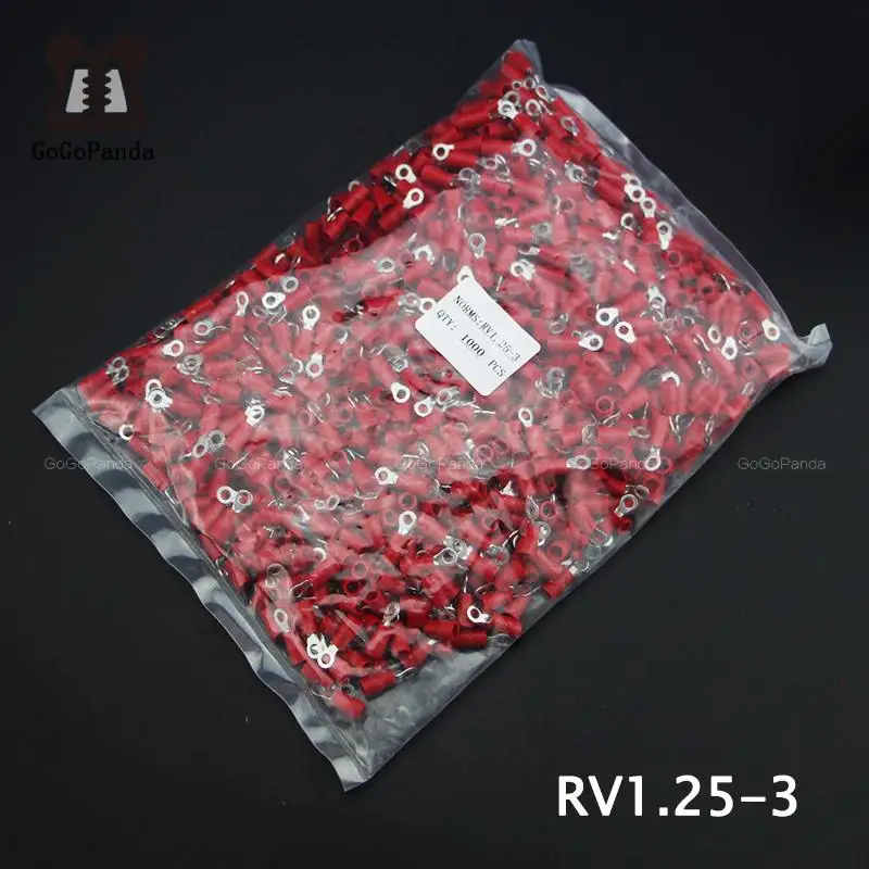 1000PCS RV1.25-(3 4 5 6 8 10 12) Red Ring Insulated Terminal Cable Crimp Terminal Suit 0.5-1.5mm2 Cable Wire Connector 22-16 AWG