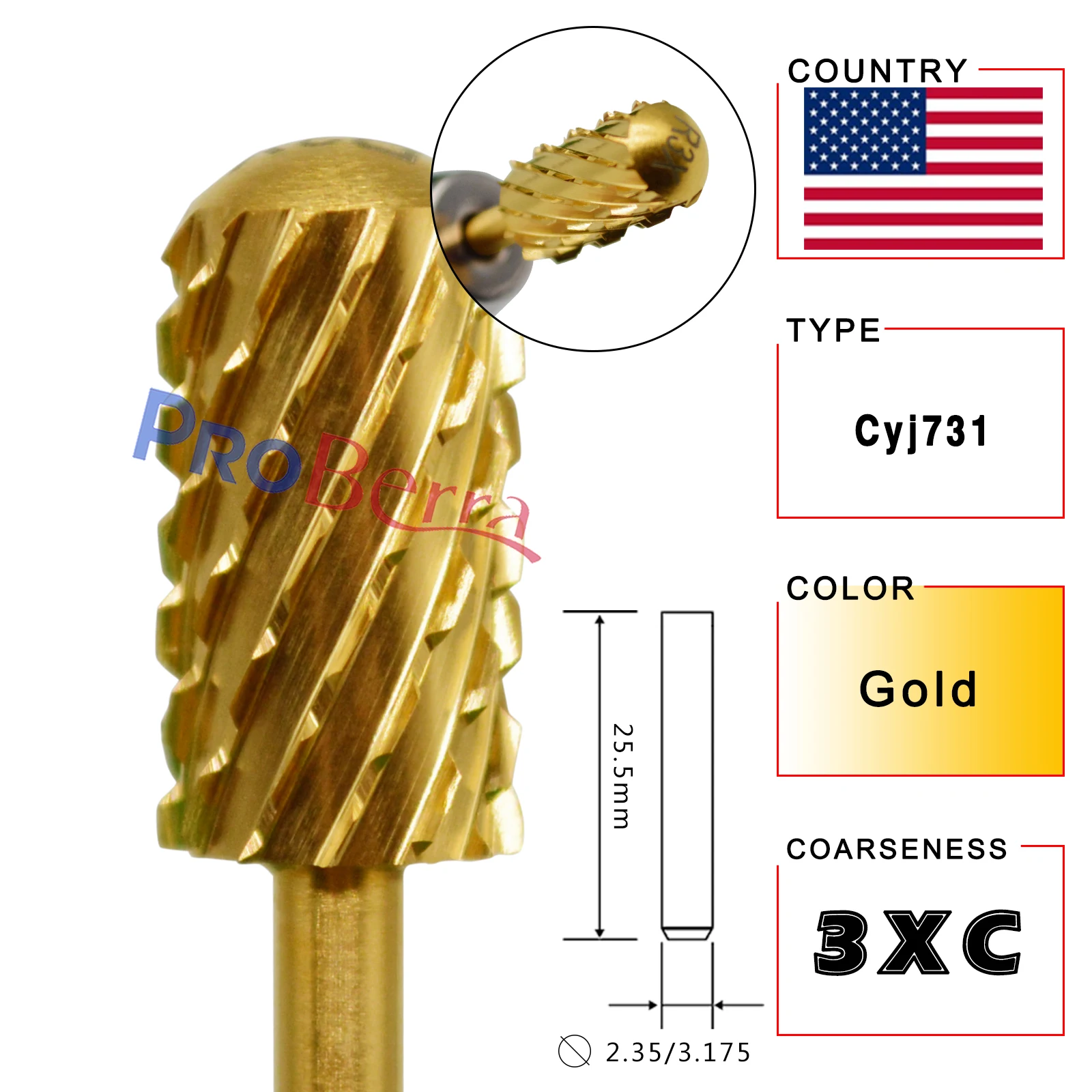 RolinStar 6.6 Large Barrel Round Smooth top Gold  Milling Cutter Nail File Tool drill bit Accessories