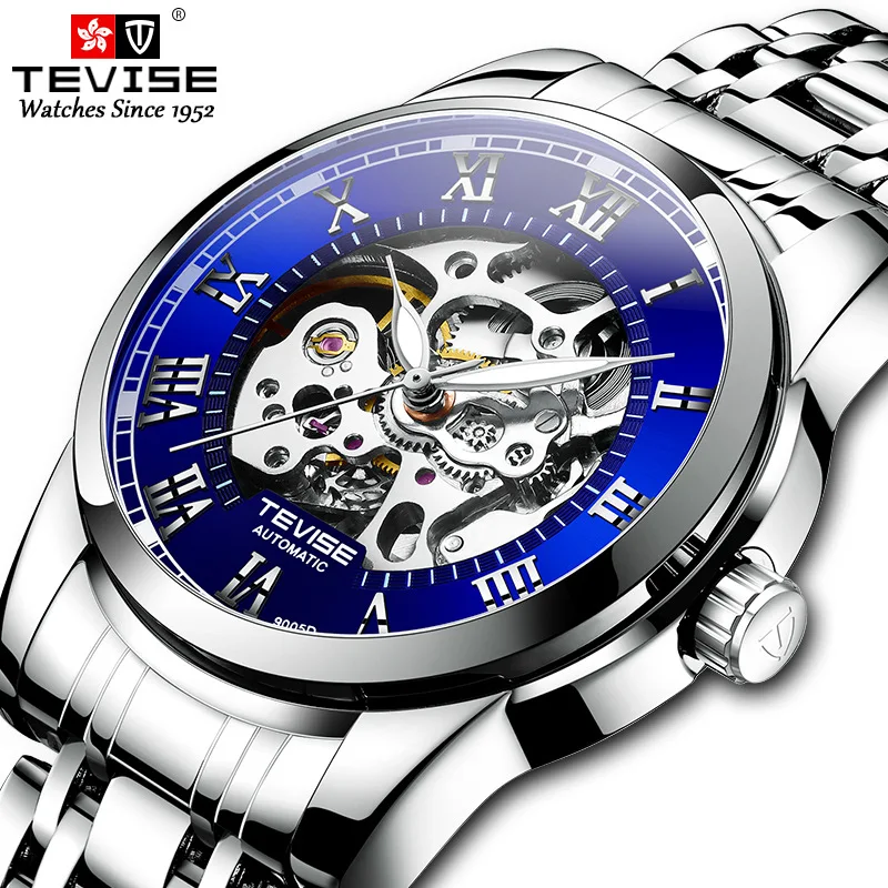 Automatic Watch Man TEVISE T9005D Blue Face Luminous Hands Mechanical Watch Waterproof Watches Mens 2024 Dropshipping Box Tool