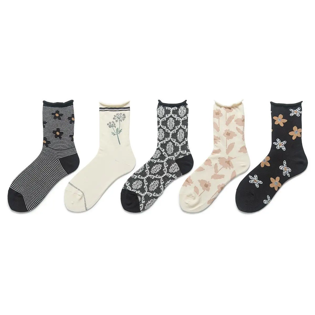 5 Pairs Strip Socks Women Autumn Retro Flower Tide Socks Personality Ins Female Version College Style Student Socks