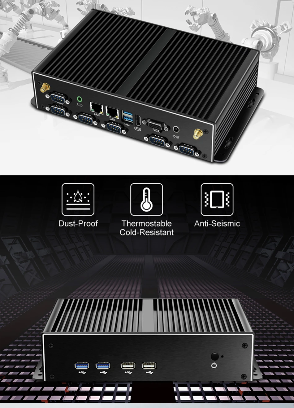 XCY Fanless Industrial Mini PC Intel Core I7 5500U 2x GbE LAN 6x COM RS232 HDMI VGA 6x USB Support WiFi 4G LTE Windows Linux