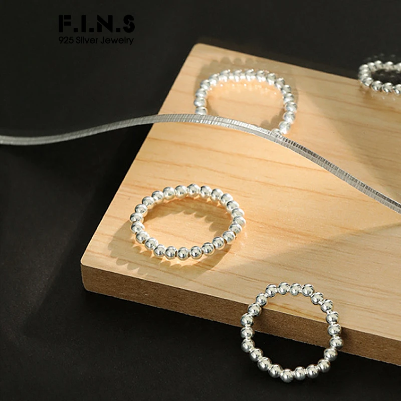 F.I.N.S Minimalist Elastic Rope Transfer Beads S990 Sterling Silver Ring Adjustable Finger Ring Stackable Beadwork Rings