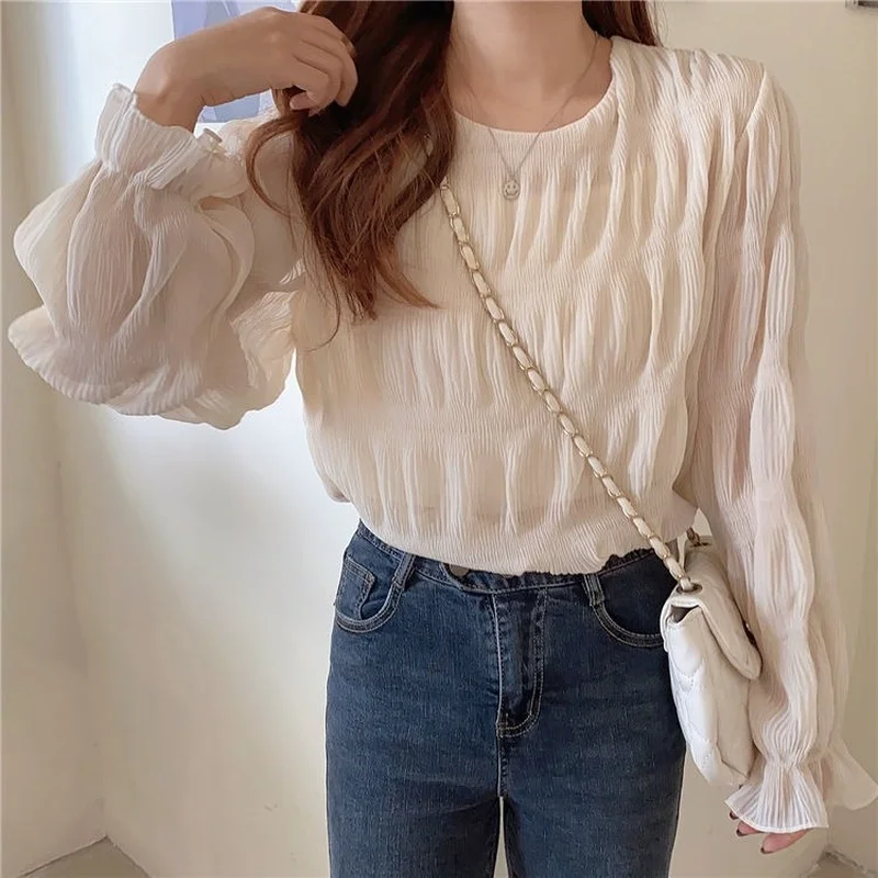 Blouse Women Spring Long Sleeve Folds Comfort Solid Casual All-match Elegant Fashion Elasticity Baggy Streetwear Korean Style