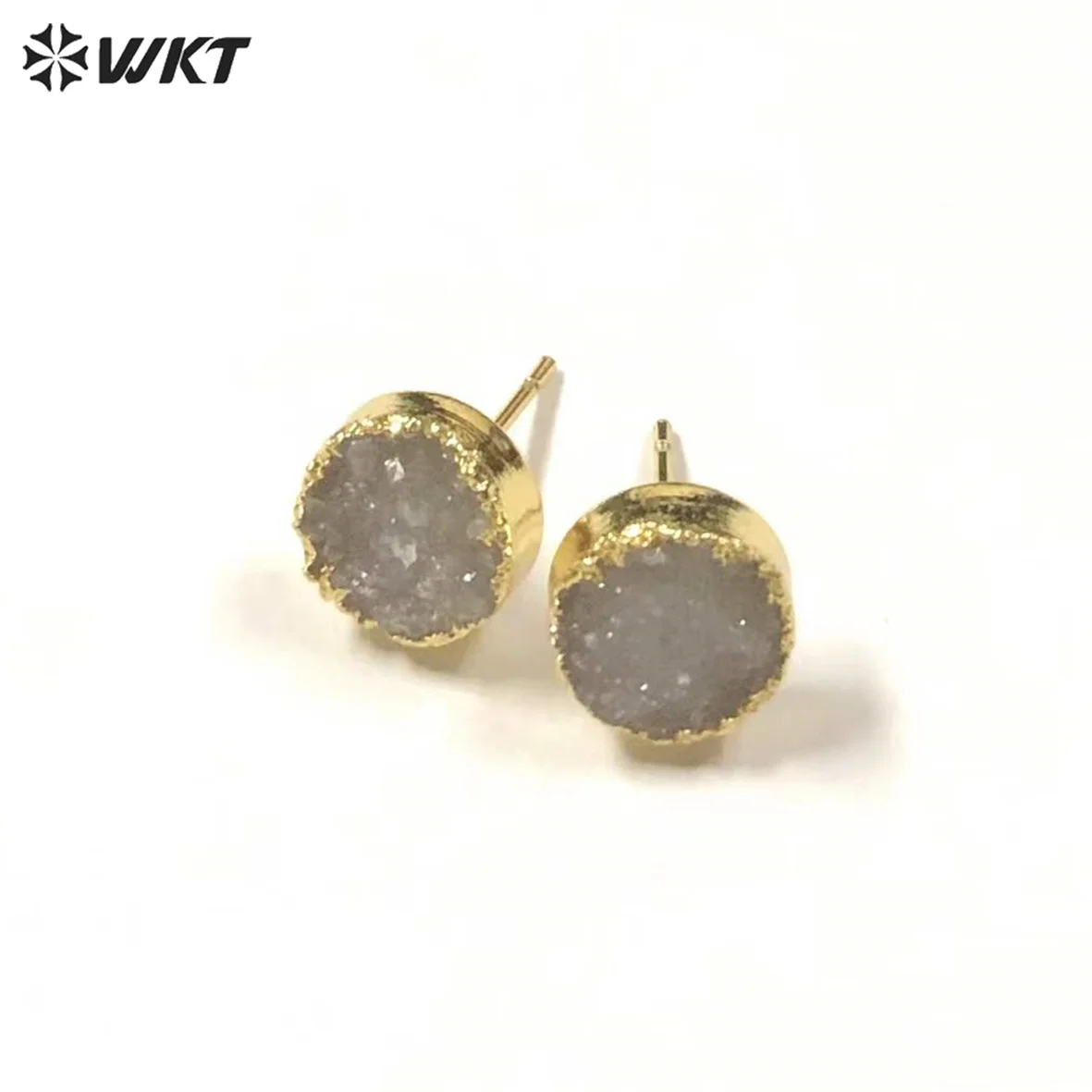 WT-E271 Natural Druzy Agate Stone Round Shape Gold Plated  Earrings  For Friends Jewelry Gift