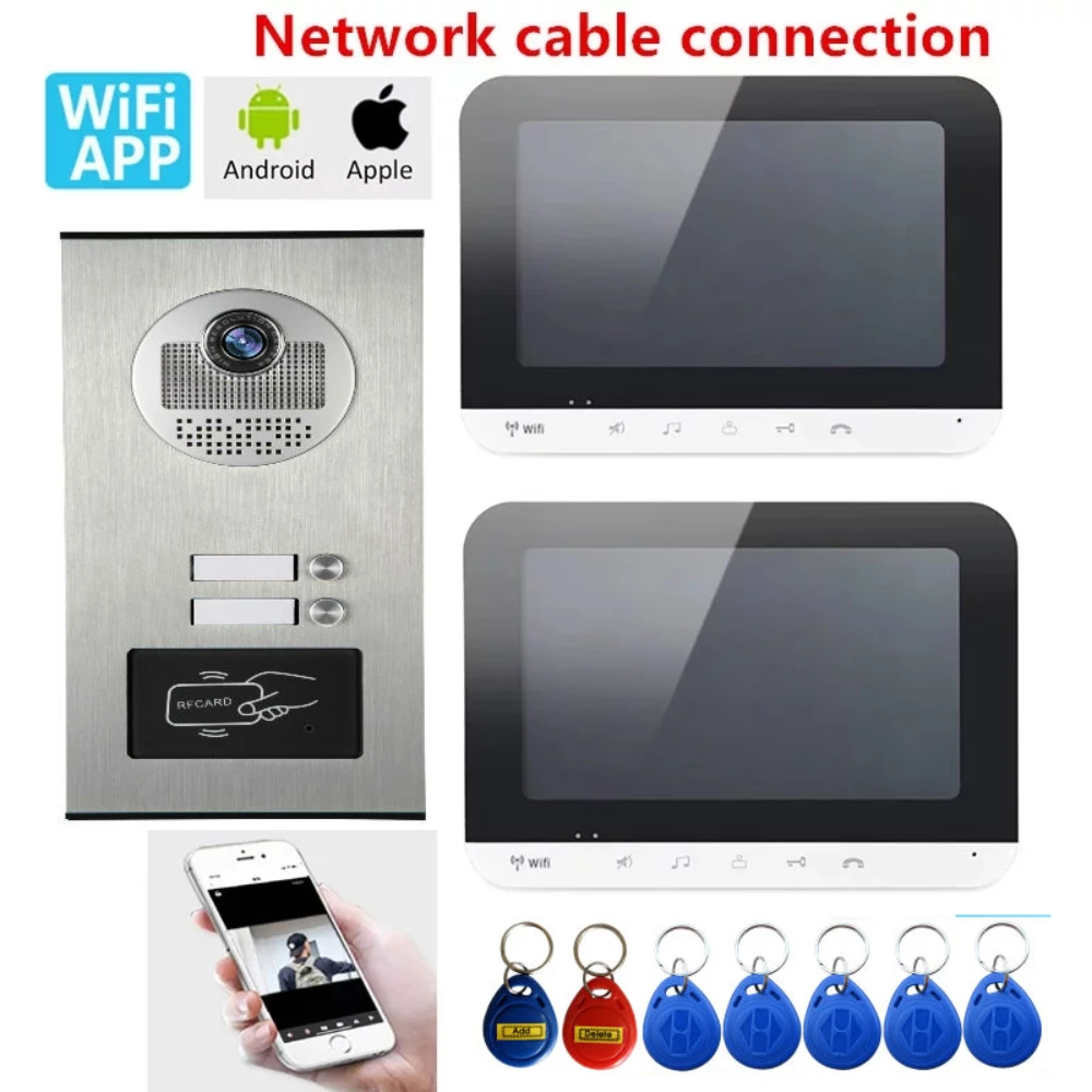 7 pouces wifi 2 Appartement/Famille Vidéo Porte Téléphone Système D\'interphone RFID IR-CUT Caméra Sonnette Vision Nocturne Caméra D\'eau