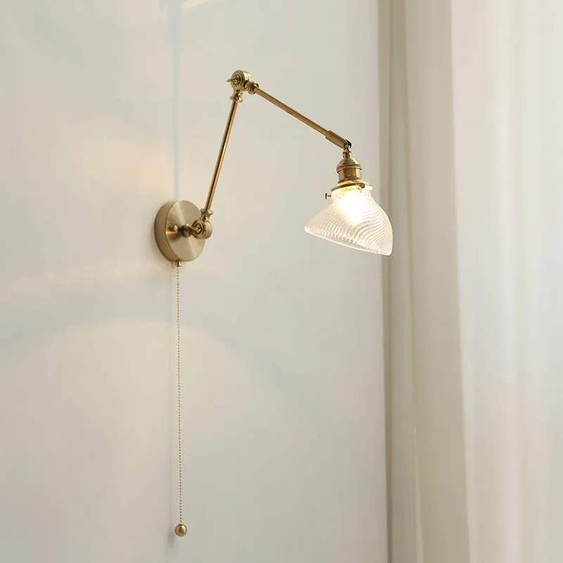 IWHD Modern Copper Glass LED Wall Light Fixtures Pull Chain Switch Bedroom Stair Reading Beside Lamp Swing Long Arm Wall Sconce image 5
