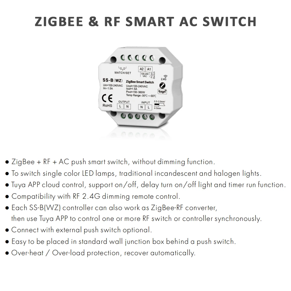 Tuya Zigbee Switch No Neutral AC 110V 220V Smart Life APP 2.4G RF Remote AC Push on off Voice Control Light Wall Switch SS-B(WZ)