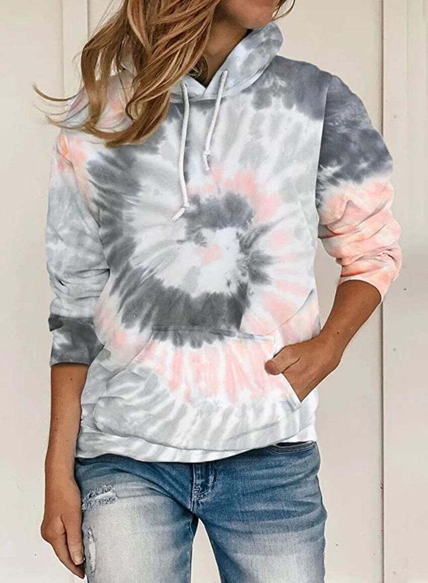 Feibushi autumn winter 2020 European and American foreign trade women's loose tie dye printed hooded long sleeve sweater