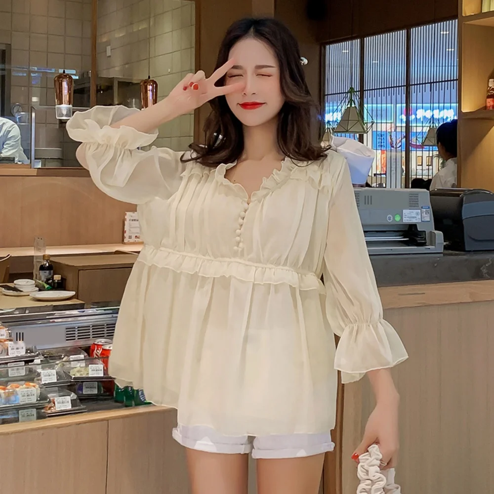 Fashionable Solid Plus Size Loose Pregnant Women Chiffon Shirt Summer Long Sleeve Pullover For Women Maternity Top Blouses ZL703