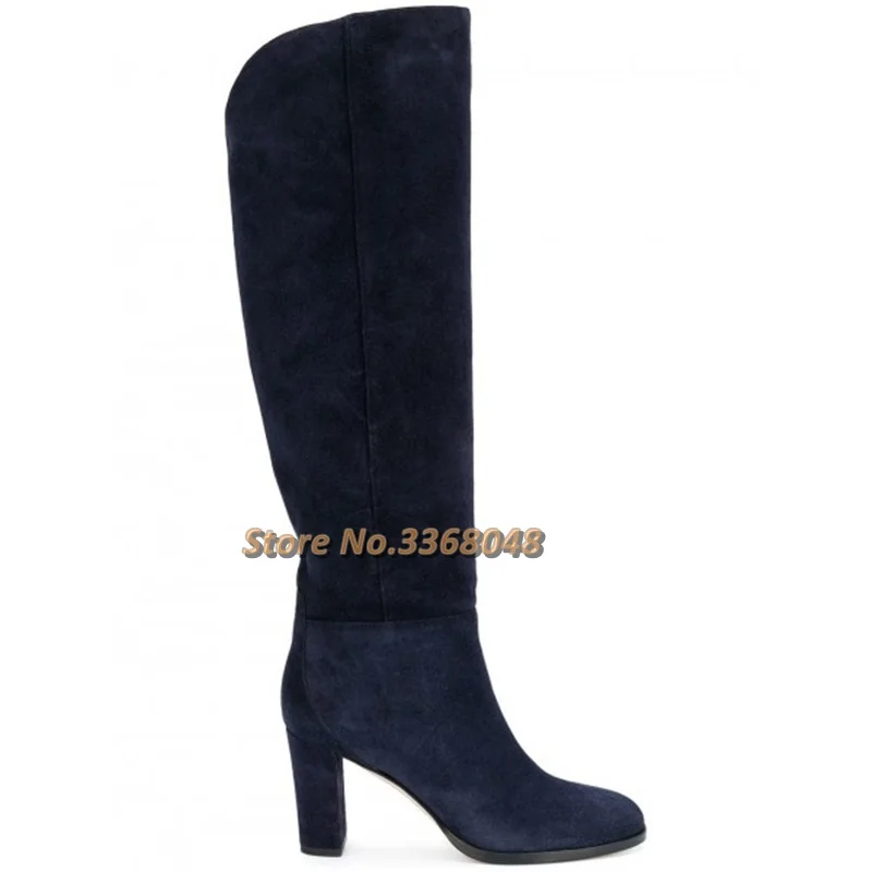 Suede Navy Blue Boots Round Toe Chunky Heels Knee High Long Boots Slip On Square Custom Made Winter Women Boots New Arrivals