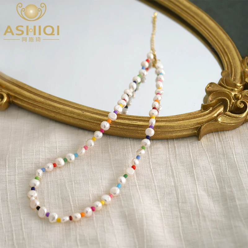 ASHIQI 7-8mm Natural Freshwater Baroque Pearl Necklace Fashion Colorful Beads Jewelry for Girls Gift