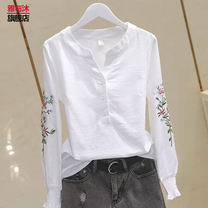 Women Blouse Autumn V-neck Lantern Sleeve Shirt Pullover Long Sleeve Cotton Shirt Embroidered Top for Women Blusas Ropa De Mujer