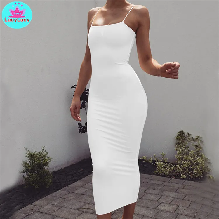 European and American women\'s summer new sexy slim tight solid color long dress Sleeveless  Sheath  Cotton