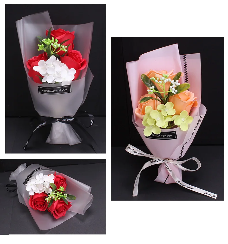 3pc/box Soap Flower Eternal Rose Valentine\'s Day Present Gifts Creative Birthday Gift Handmade Soap Rose Bouquet with PVC Box