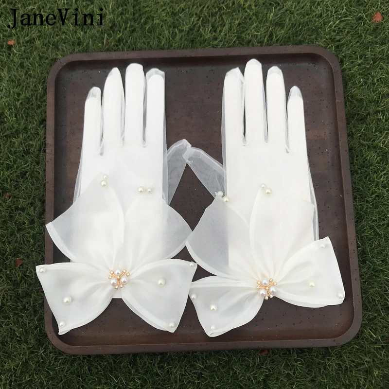 JaneVini – gants de mariée en Tulle transparent pour femmes, élégants, longueur au poignet, blancs, avec perles, pour robe de soirée de mariage, nouvelle collection