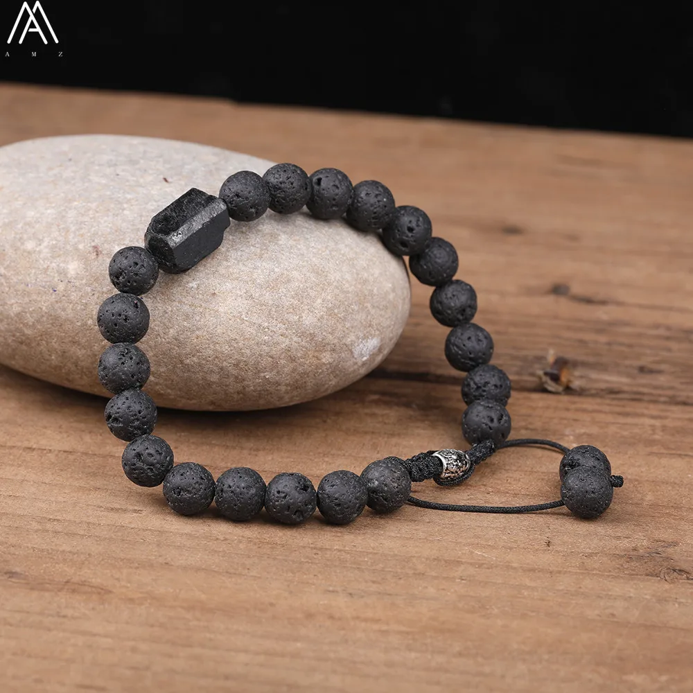 Natural Black Tourmaline 8mm Black Lava Stone Beads Cord Knotted Adjustable Bracelet Boho Women Mala Beads Bracelet N0384AMC.E