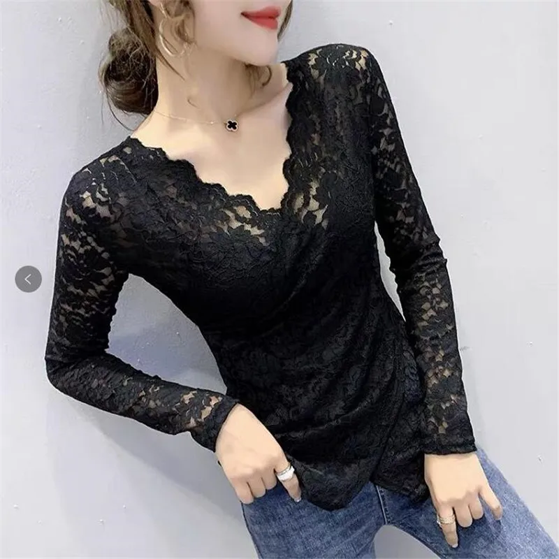 Tops sexys para mujer, camisa de encaje con cuello en V de manga larga cruzada, ajustada, Base que combina con todo, camisa de moda para mujer, top para mujer de primavera y otoño