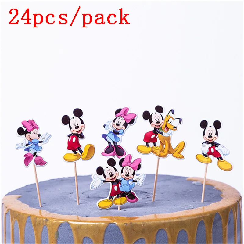 24PCS Baby Shower Party Decorate Girls Kids Favors Happy Birthday Cupcake Toppers With Disney Minnie Mickey Design Cake Topper