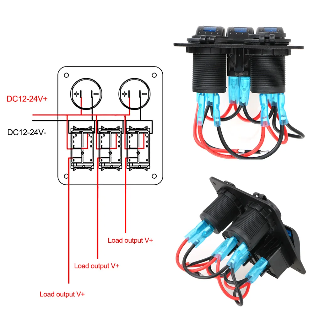 12~24V Circuit Control Blue LED Boat Car Switch Panel 2/3 Gang Digital Voltmeter Dual USB Port Outlet Combination