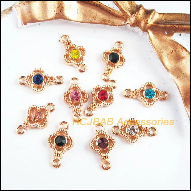 20Pcs Gold Color Retro Clover Mixed Crystal Charms Connectors 8x15mm