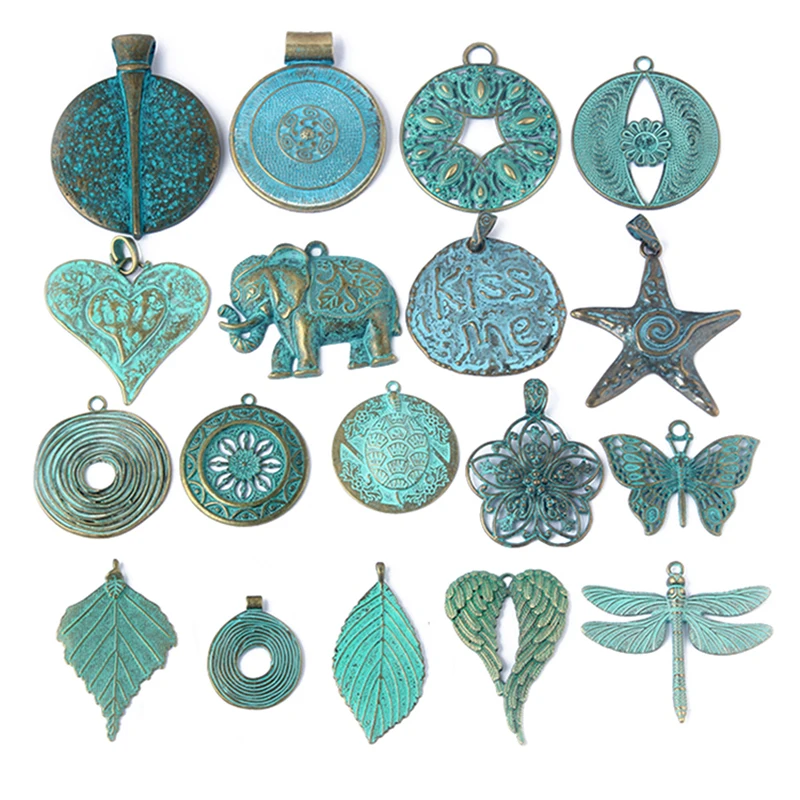 2pcs/lot Verdigris Patina Elephant/Heart/Leaf/Flower/Dragonfly/Butterfly/Swirl/Wing Pattern Pendant Fashion Jewelry Material