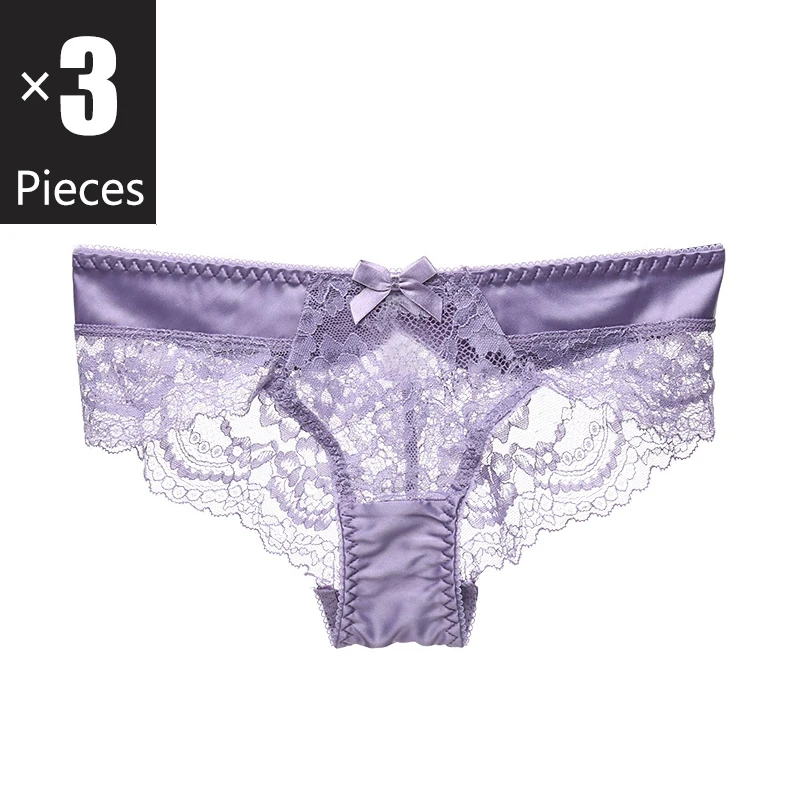 3pcs/lot Women\'s Panties Sets Low Waist Lace Transparent Sexy Briefs Embroidery Women Underwear Plus Size Black Purple Underpant