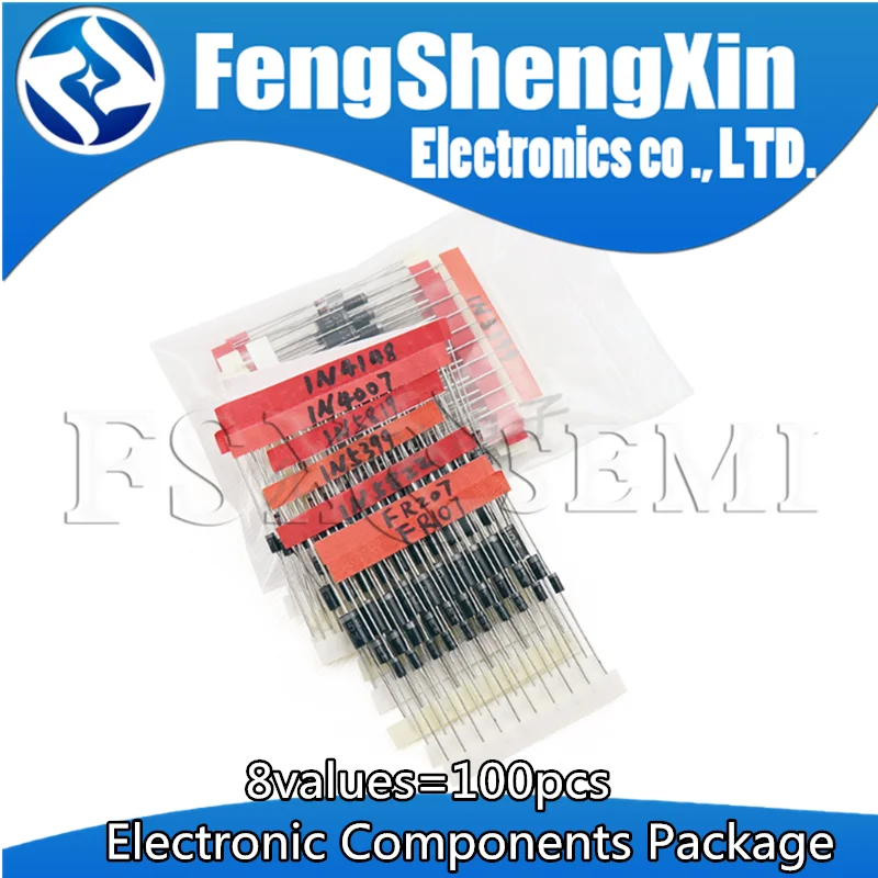 8values=100pcs Electronic Components Package Diode Assorted Kit 1N4148 1N4007 1N5819 1N5399 1N5408 1N5822 FR107 FR207 New