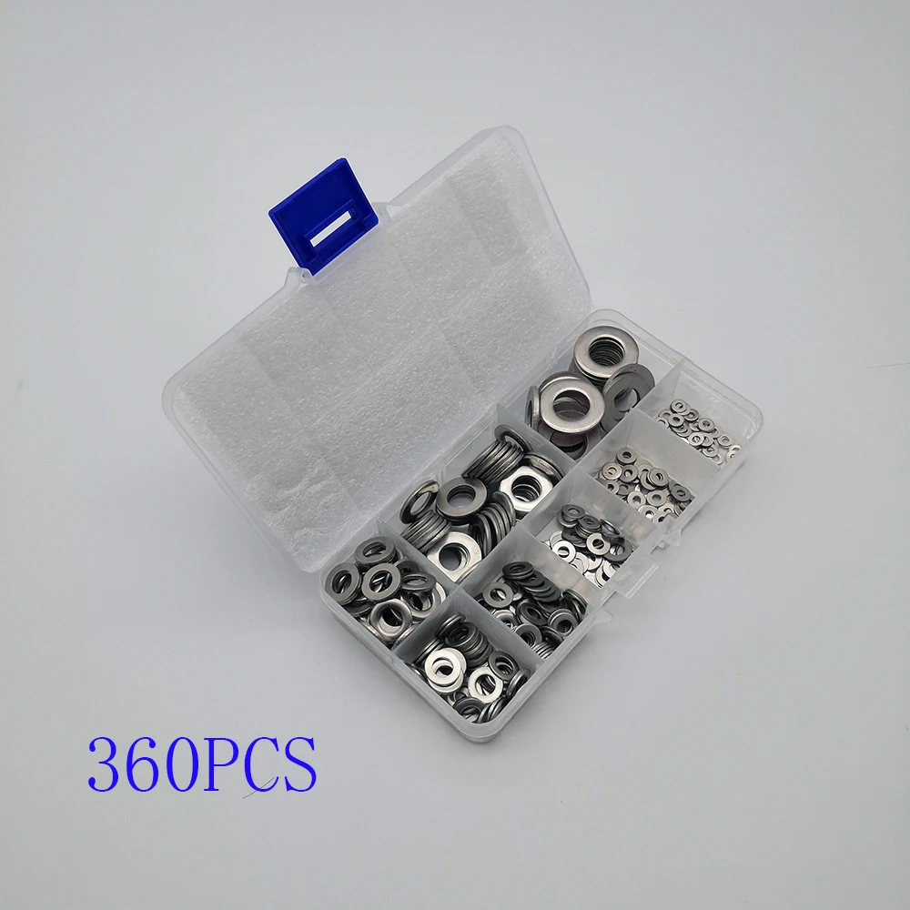 360Pcs/set M2 M2.5 M3 M4 M5 M6 M8 M10 Stainless Steel Flat Washer Plain Washer Gaskets Assortment Kit