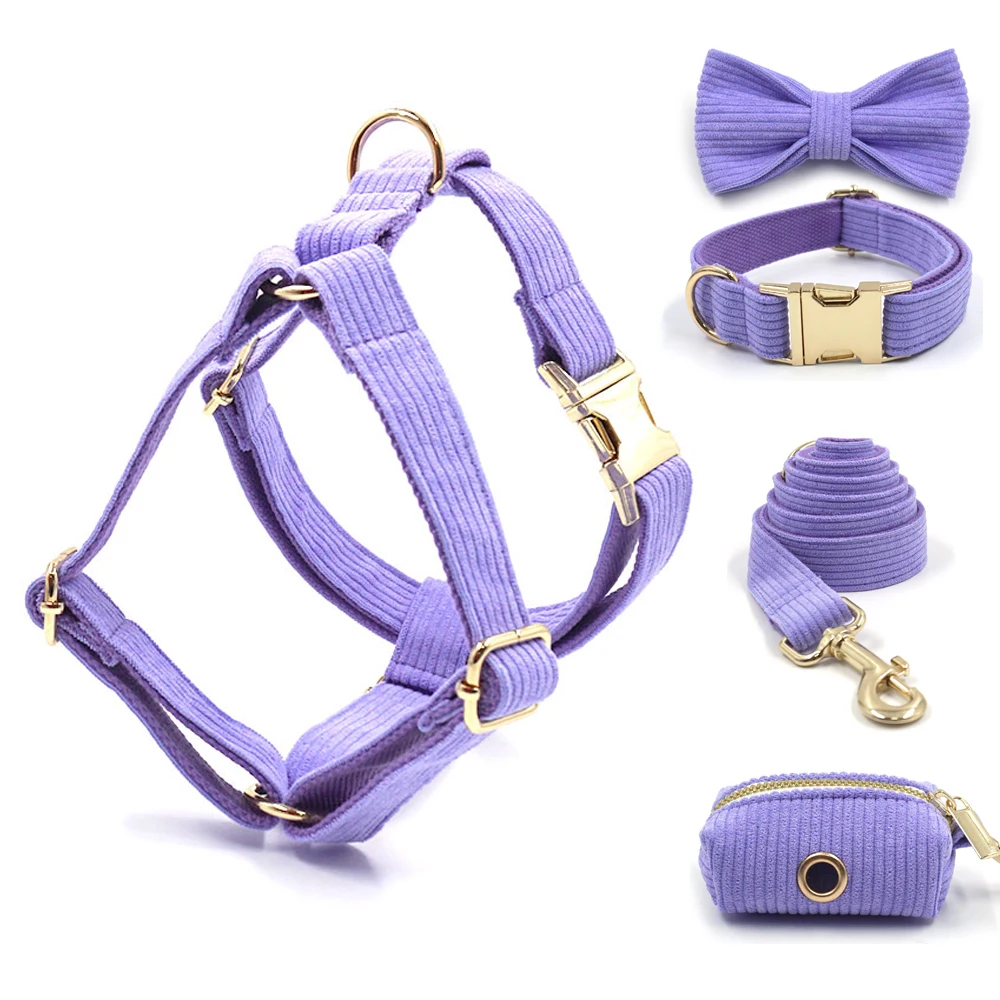 

Purple Corduroy Dog Collar for Small Dogs Custom Name 5pcs/set Dog Harness Bowtie Collar Leash and Poop Bag Luxury Pet Gift Set