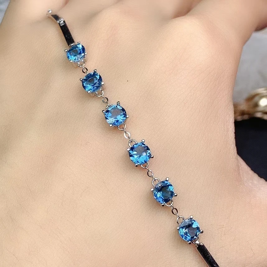 

Charming blue topaz bracelet for women silver bracelet round natural gem 925 sterling silver birthday gift birthstone