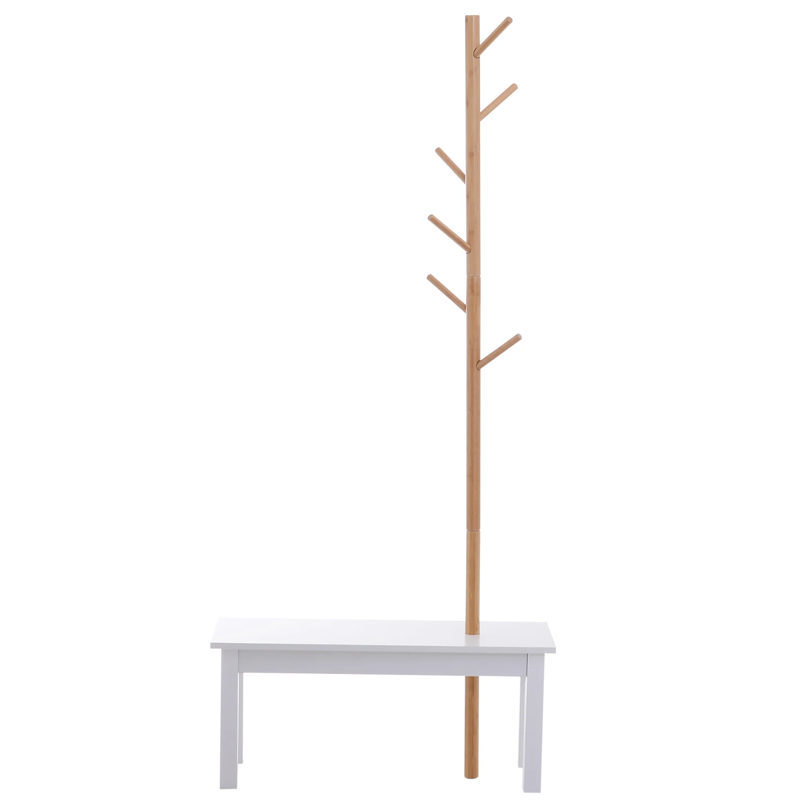 HOMCOM Perchero de Pie con Banco Colgador Tipo Árbol 6 Ganchos Bambú 80x30x180cm