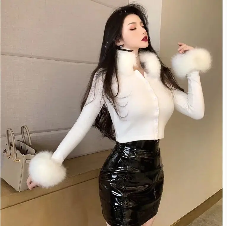 Winter And Spring New Fur Stitching Collar Short Design Cardigan Women High Fashion Short Design Buttons Up Sweater Knitwear