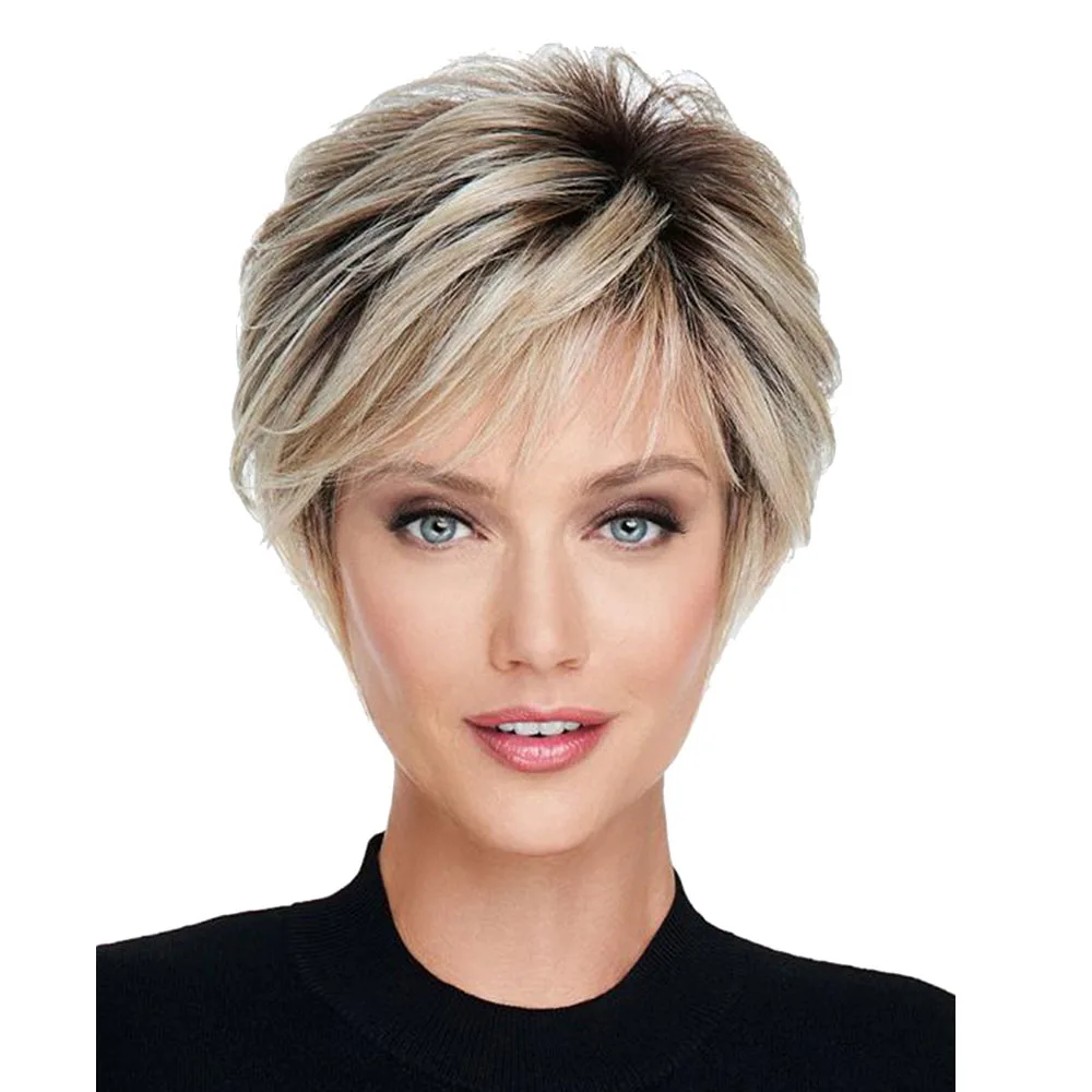 WHIMSICAL W Short Straight Ombre Blonde Wig with Bang for Women Synthetic Natural Hair Wig Dark Roots Heat Resistant Wigs