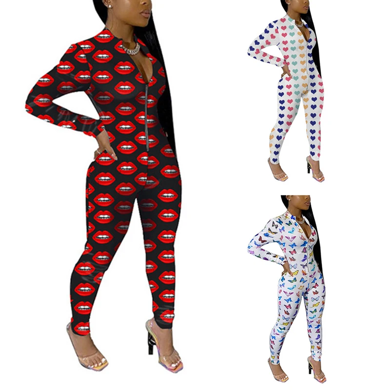 Women Butterfly Print Sexy Bodysuit Zipper V Neck Long Sleeve Sport Jumpsuits Rompers Yoga Sportswear Active Wear /2