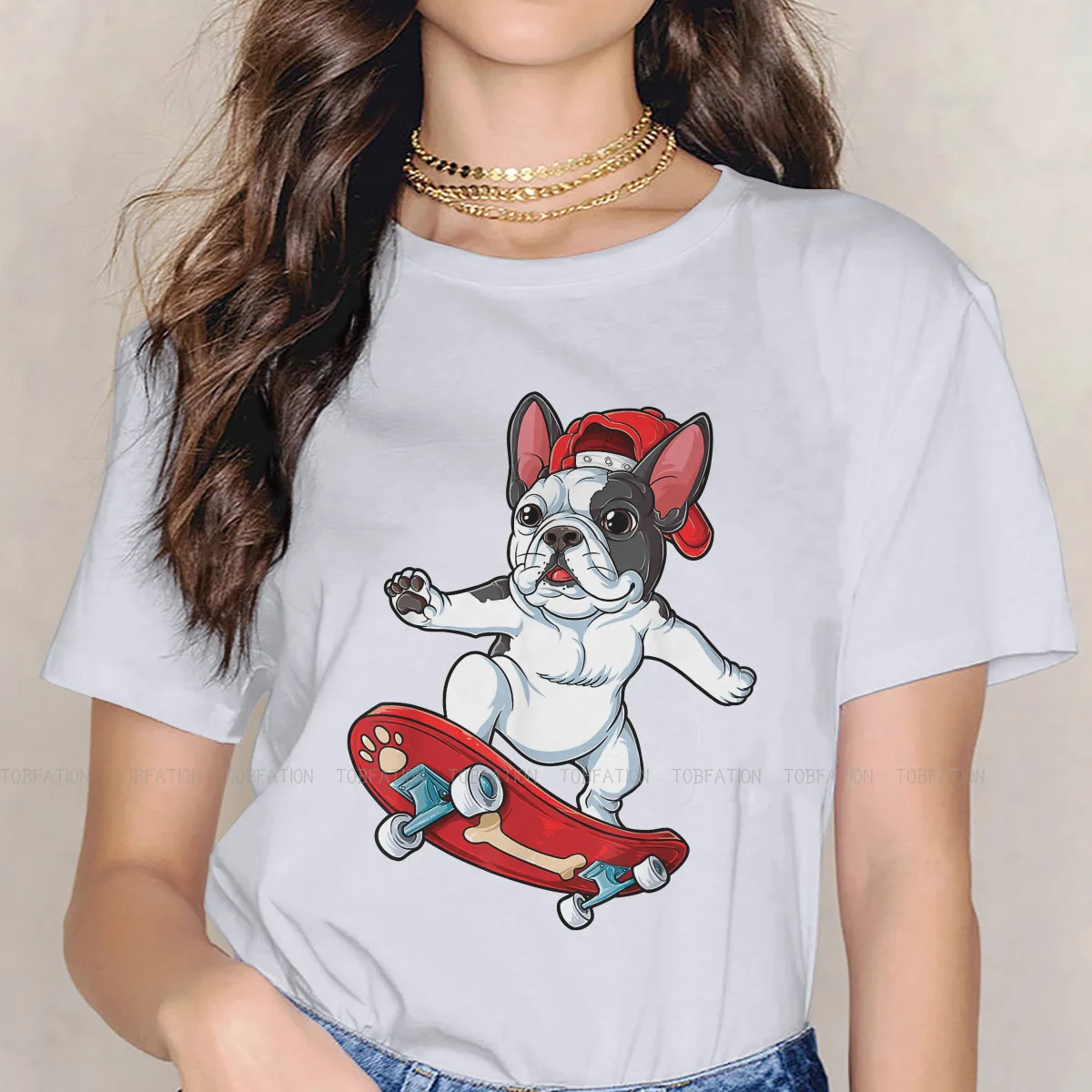 Skateboard Dog Female Shirts French Bulldog Frenchie Dog Vintage Women Clothing Harajuku Casual Feminine Blusas