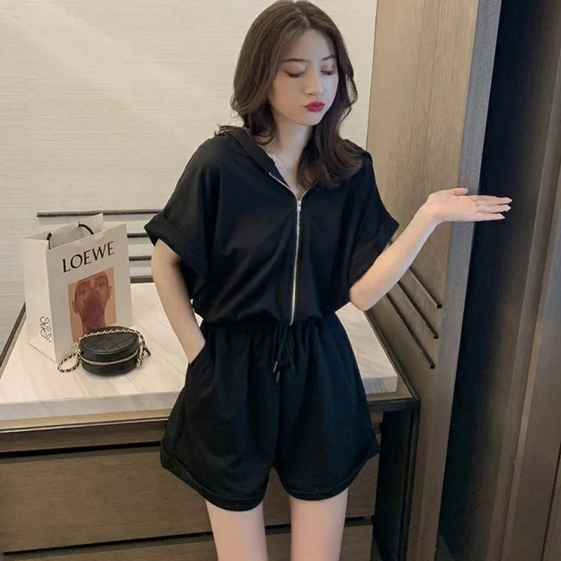 Playsuits แฟชั่นผู้หญิงเกาหลีเกาหลีฤดูร้อน Casual สีทึบ one-piece เอวแขนสั้นเสื้อกันหนาว playsuits