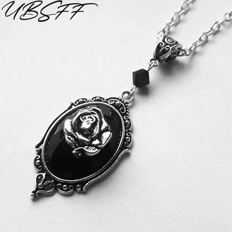 Gothic Black Rose Fleur Necklace Cameo Crystal Pendant